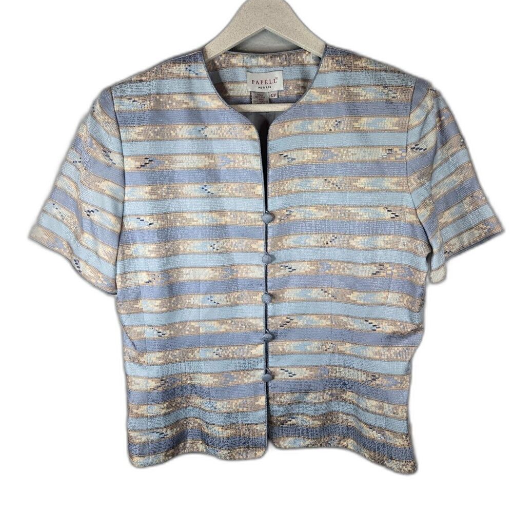 Adrianna Papell Women's 100% Silk Blue and Tan Short Sleeve Button Up Size 12P